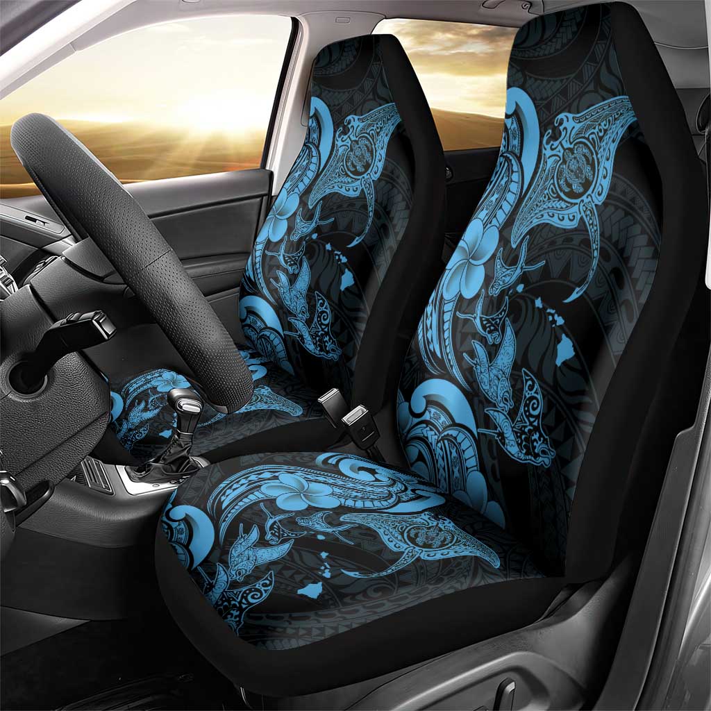 Hawaiian Manta Rays Car Seat Cover Tribal Hibiscus Polynesian Tattoos Blue Color - Polynesian Pride