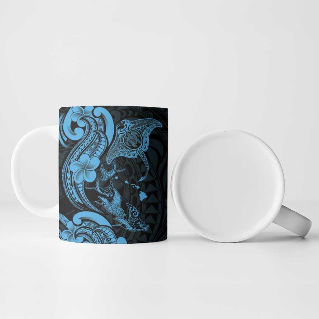 Hawaiian Manta Rays Ceramic Mug Tribal Hibiscus Polynesian Tattoos Blue Color - Polynesian Pride