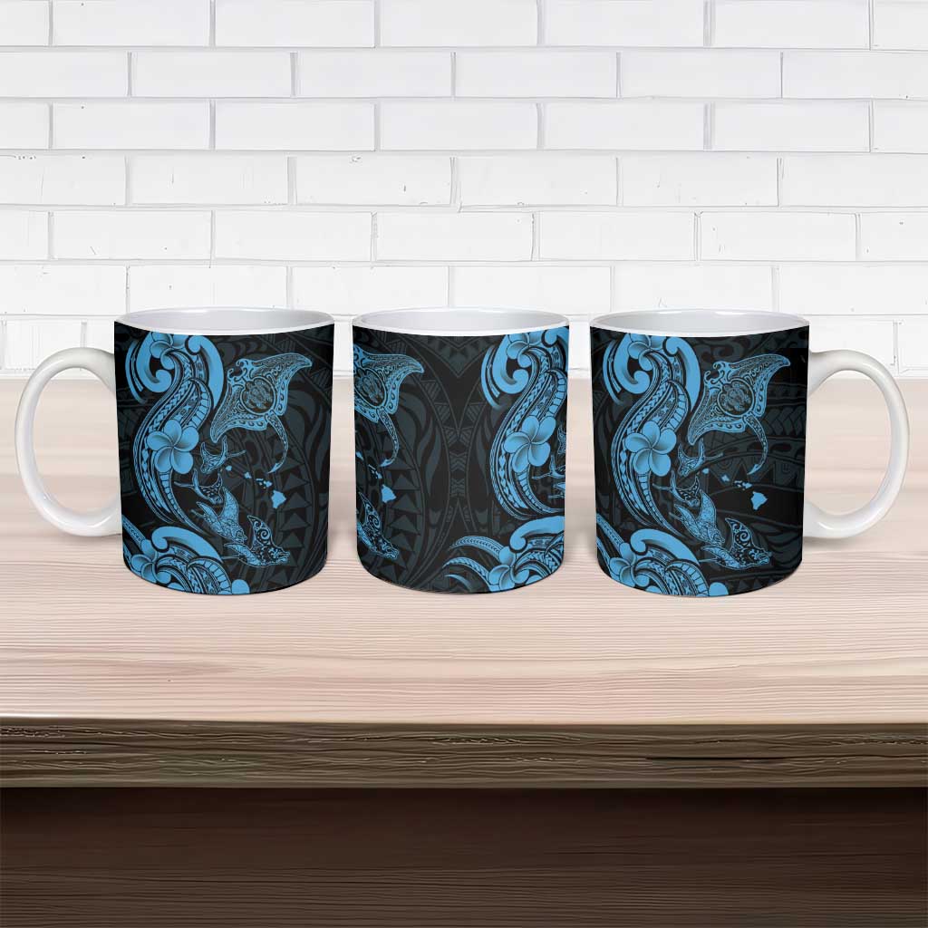 Hawaiian Manta Rays Ceramic Mug Tribal Hibiscus Polynesian Tattoos Blue Color - Polynesian Pride