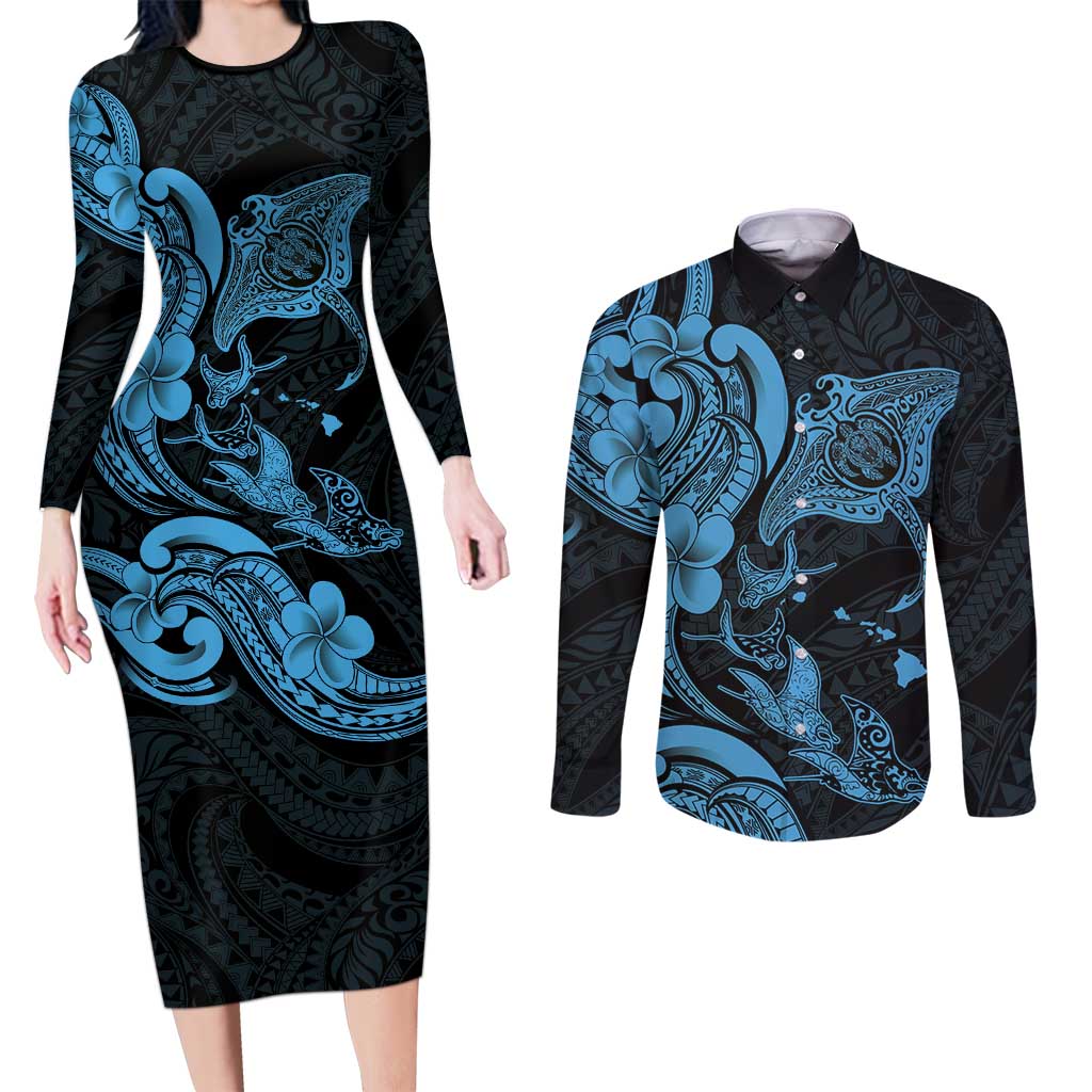 Hawaiian Manta Rays Couples Matching Long Sleeve Bodycon Dress and Long Sleeve Button Shirt Tribal Hibiscus Polynesian Tattoos Blue Color - Polynesian Pride