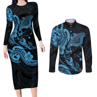Hawaiian Manta Rays Couples Matching Long Sleeve Bodycon Dress and Long Sleeve Button Shirt Tribal Hibiscus Polynesian Tattoos Blue Color - Polynesian Pride