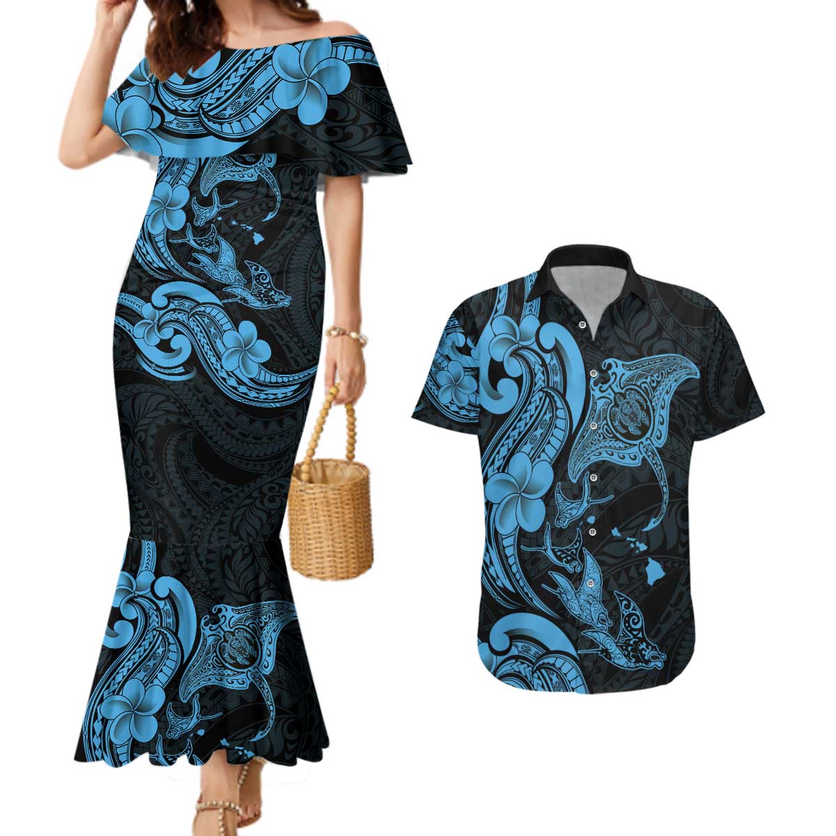 Hawaiian Manta Rays Couples Matching Mermaid Dress and Hawaiian Shirt Tribal Hibiscus Polynesian Tattoos Blue Color - Polynesian Pride