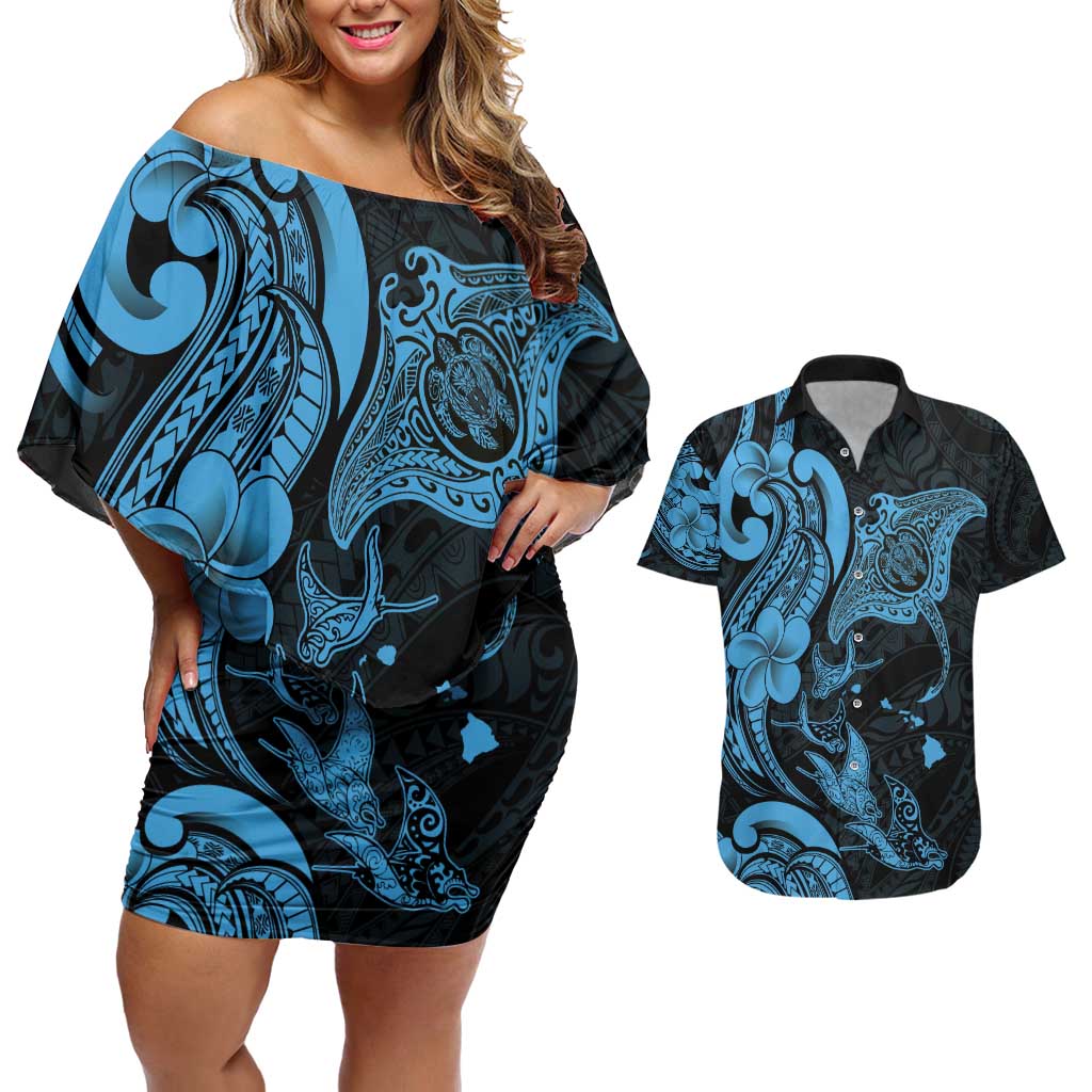 Hawaiian Manta Rays Couples Matching Off Shoulder Short Dress and Hawaiian Shirt Tribal Hibiscus Polynesian Tattoos Blue Color - Polynesian Pride