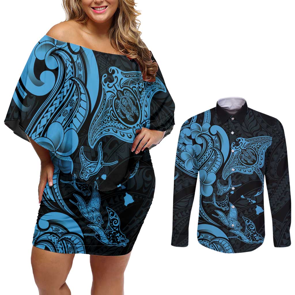 Hawaiian Manta Rays Couples Matching Off Shoulder Short Dress and Long Sleeve Button Shirt Tribal Hibiscus Polynesian Tattoos Blue Color - Polynesian Pride
