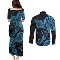 Hawaiian Manta Rays Couples Matching Puletasi and Long Sleeve Button Shirt Tribal Hibiscus Polynesian Tattoos Blue Color - Polynesian Pride