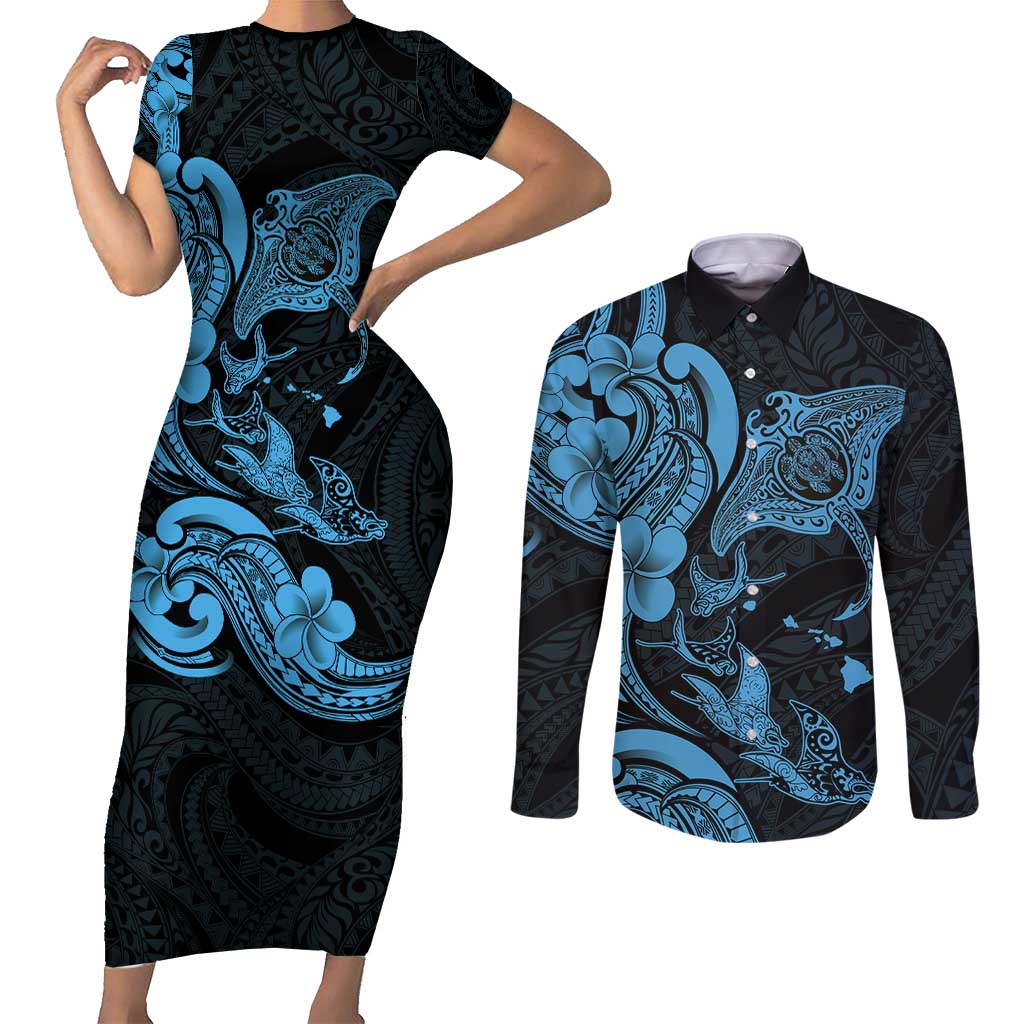 Hawaiian Manta Rays Couples Matching Short Sleeve Bodycon Dress and Long Sleeve Button Shirt Tribal Hibiscus Polynesian Tattoos Blue Color - Polynesian Pride