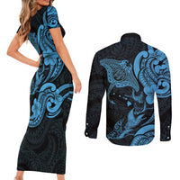 Hawaiian Manta Rays Couples Matching Short Sleeve Bodycon Dress and Long Sleeve Button Shirt Tribal Hibiscus Polynesian Tattoos Blue Color - Polynesian Pride