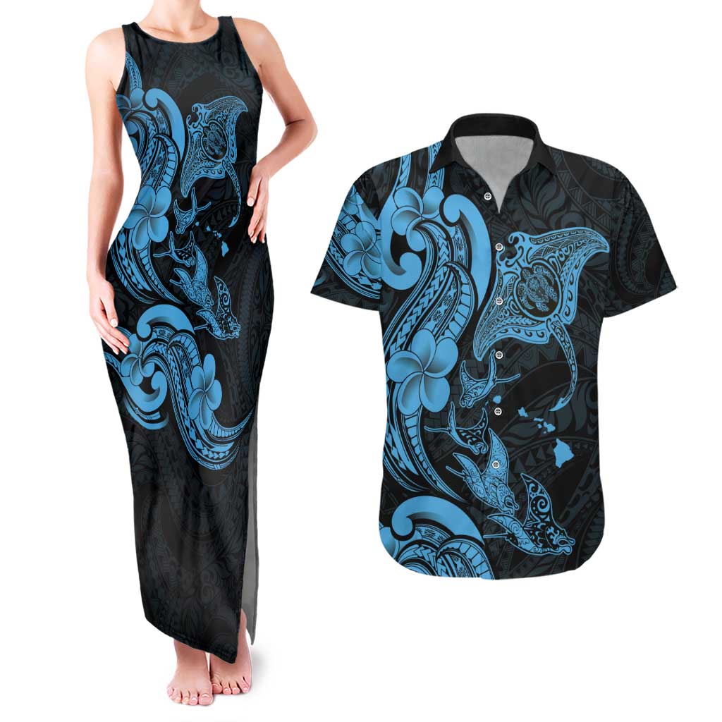 Hawaiian Manta Rays Couples Matching Tank Maxi Dress and Hawaiian Shirt Tribal Hibiscus Polynesian Tattoos Blue Color - Polynesian Pride