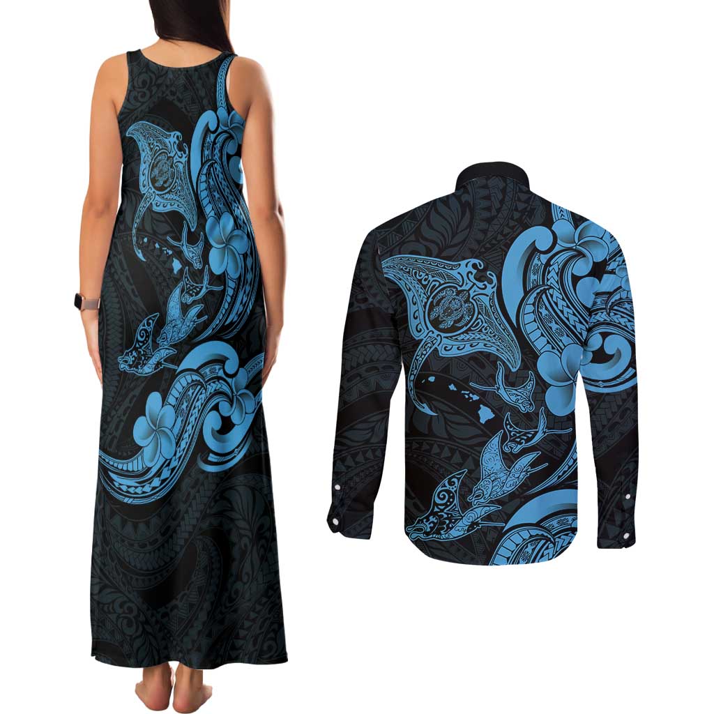 Hawaiian Manta Rays Couples Matching Tank Maxi Dress and Long Sleeve Button Shirt Tribal Hibiscus Polynesian Tattoos Blue Color - Polynesian Pride