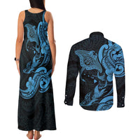Hawaiian Manta Rays Couples Matching Tank Maxi Dress and Long Sleeve Button Shirt Tribal Hibiscus Polynesian Tattoos Blue Color - Polynesian Pride
