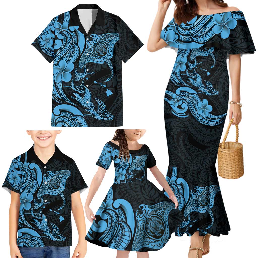 Hawaiian Manta Rays Family Matching Mermaid Dress and Hawaiian Shirt Tribal Hibiscus Polynesian Tattoos Blue Color - Polynesian Pride