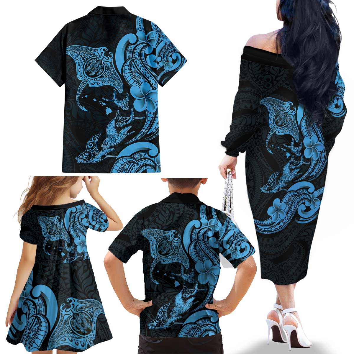 Hawaiian Manta Rays Family Matching Off The Shoulder Long Sleeve Dress and Hawaiian Shirt Tribal Hibiscus Polynesian Tattoos Blue Color - Polynesian Pride