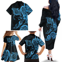 Hawaiian Manta Rays Family Matching Off The Shoulder Long Sleeve Dress and Hawaiian Shirt Tribal Hibiscus Polynesian Tattoos Blue Color - Polynesian Pride