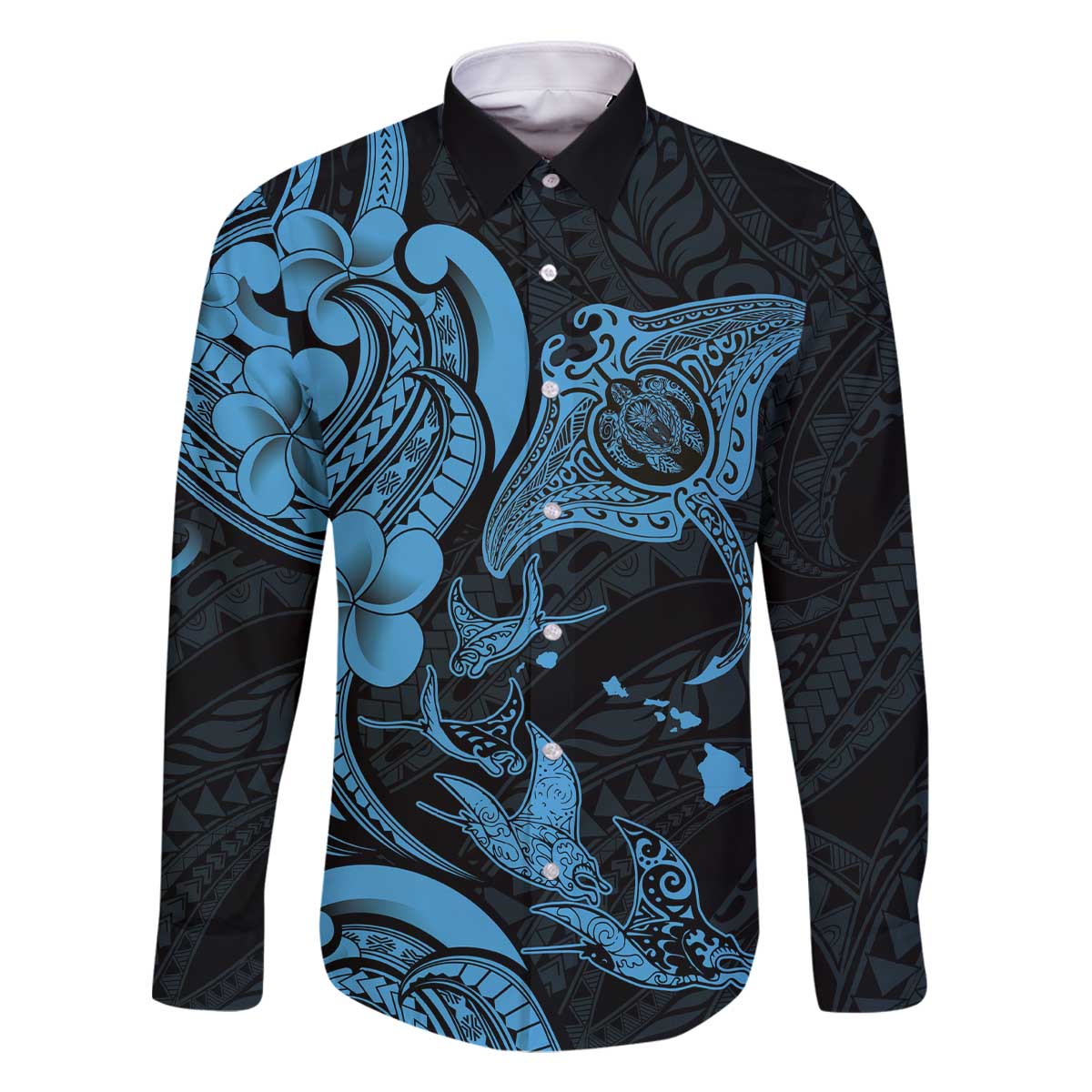Hawaiian Manta Rays Family Matching Off The Shoulder Long Sleeve Dress and Hawaiian Shirt Tribal Hibiscus Polynesian Tattoos Blue Color - Polynesian Pride