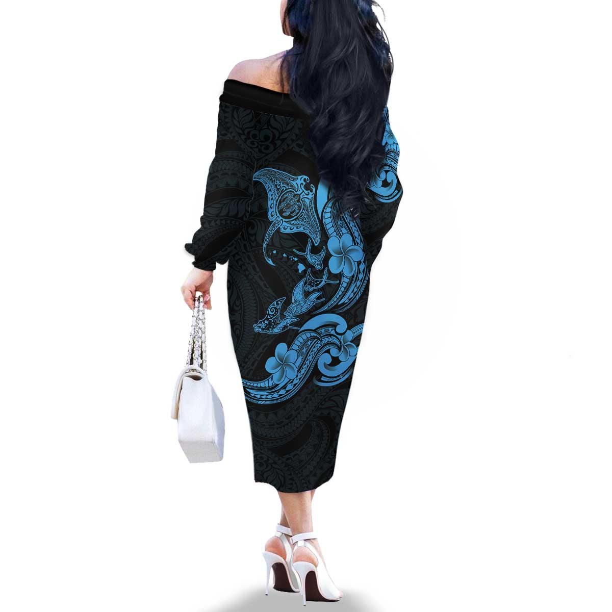 Hawaiian Manta Rays Family Matching Off The Shoulder Long Sleeve Dress and Hawaiian Shirt Tribal Hibiscus Polynesian Tattoos Blue Color - Polynesian Pride
