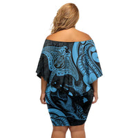 Hawaiian Manta Rays Family Matching Off Shoulder Short Dress and Hawaiian Shirt Tribal Hibiscus Polynesian Tattoos Blue Color - Polynesian Pride