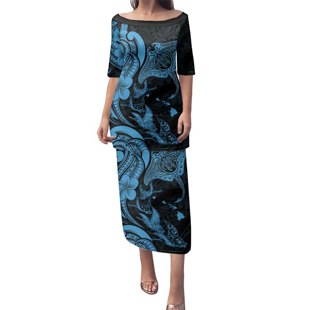 Hawaiian Manta Rays Family Matching Puletasi and Hawaiian Shirt Tribal Hibiscus Polynesian Tattoos Blue Color - Polynesian Pride