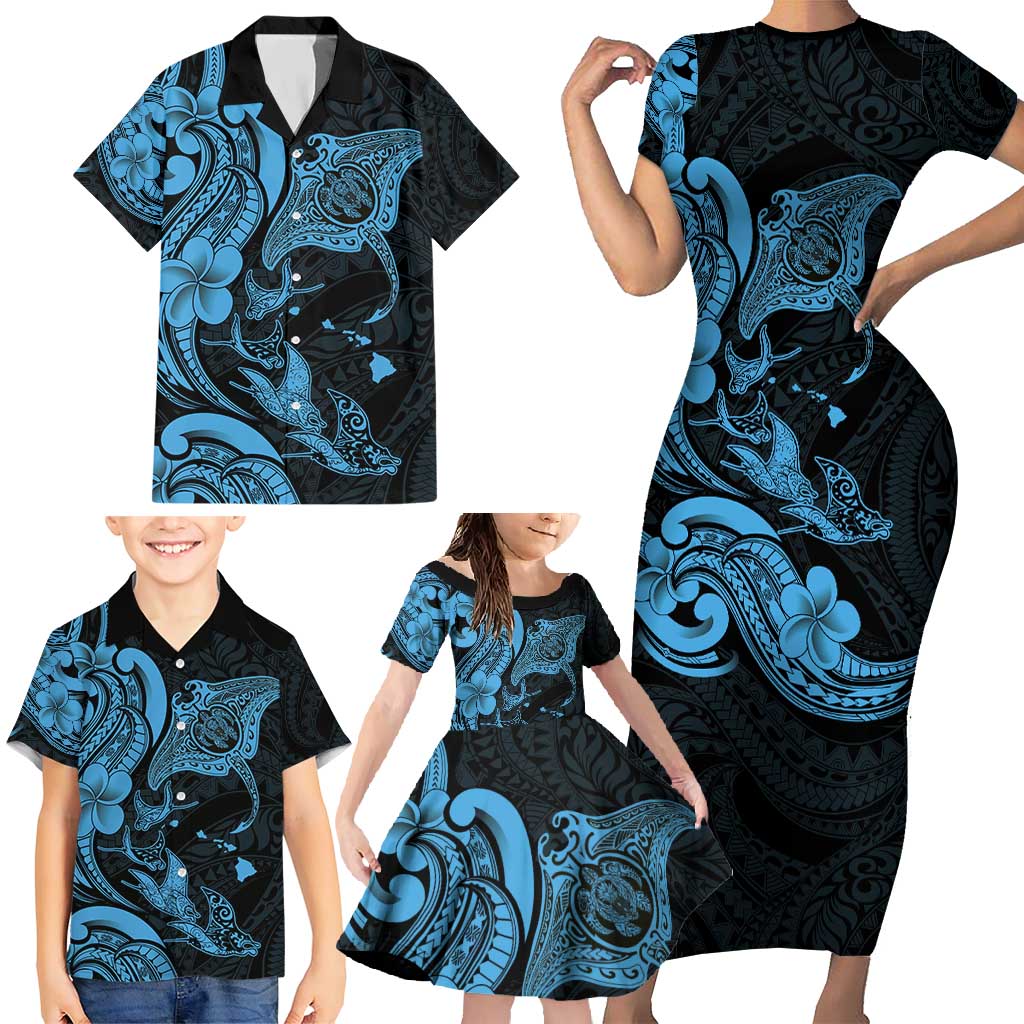 Hawaiian Manta Rays Family Matching Short Sleeve Bodycon Dress and Hawaiian Shirt Tribal Hibiscus Polynesian Tattoos Blue Color - Polynesian Pride