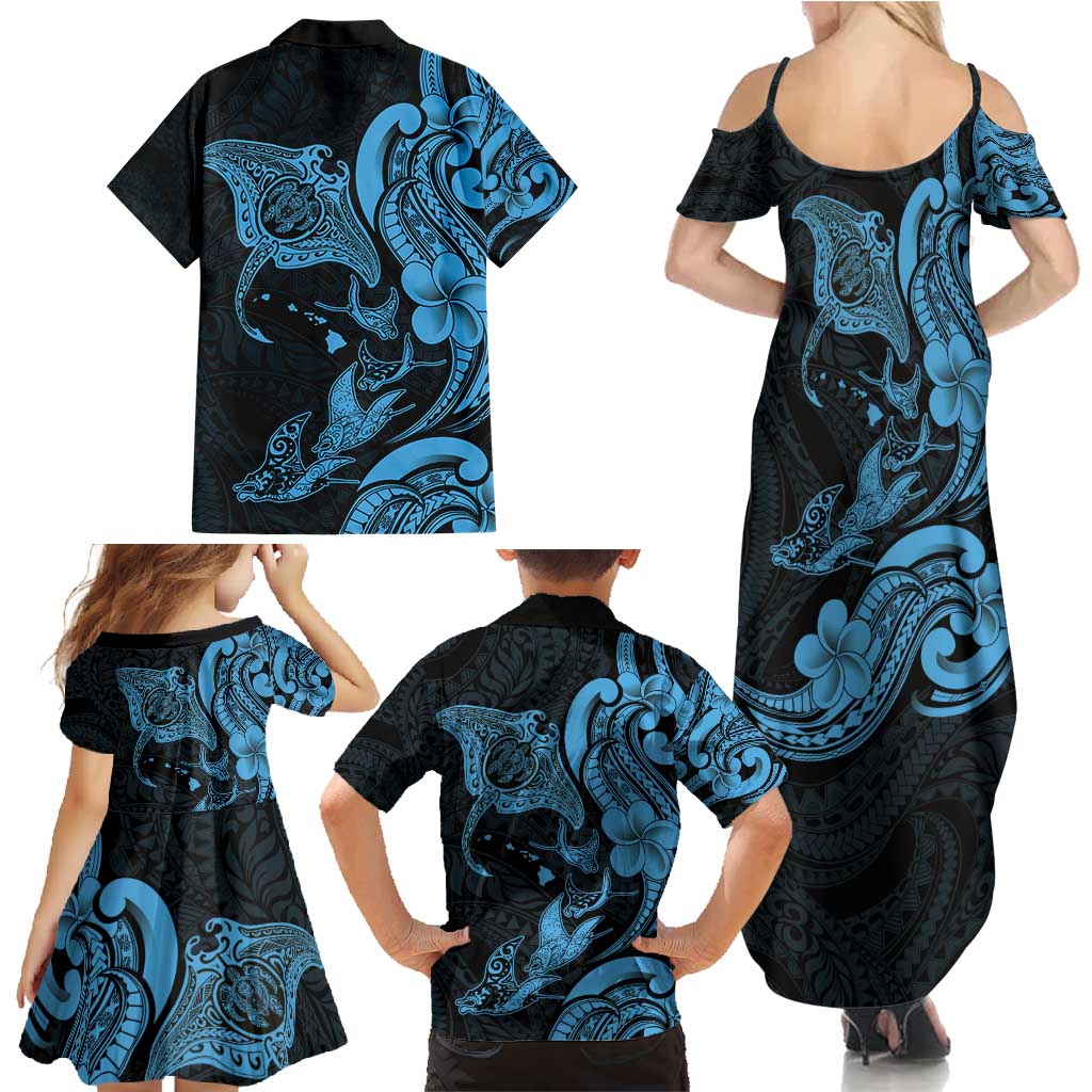 Hawaiian Manta Rays Family Matching Summer Maxi Dress and Hawaiian Shirt Tribal Hibiscus Polynesian Tattoos Blue Color - Polynesian Pride