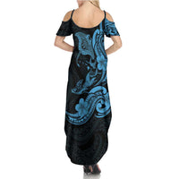 Hawaiian Manta Rays Family Matching Summer Maxi Dress and Hawaiian Shirt Tribal Hibiscus Polynesian Tattoos Blue Color - Polynesian Pride
