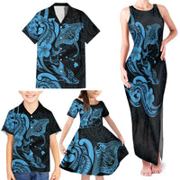 Hawaiian Manta Rays Family Matching Tank Maxi Dress and Hawaiian Shirt Tribal Hibiscus Polynesian Tattoos Blue Color - Polynesian Pride