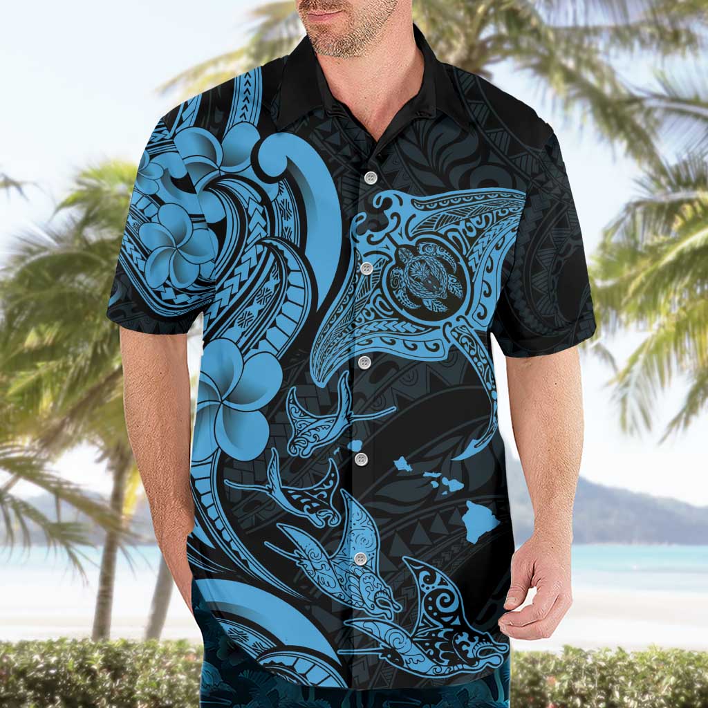 Hawaiian Manta Rays Hawaiian Shirt Tribal Hibiscus Polynesian Tattoos Blue Color - Polynesian Pride
