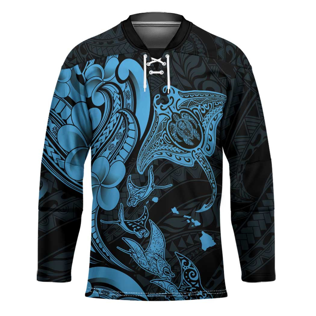 Hawaiian Manta Rays Hockey Jersey Tribal Hibiscus Polynesian Tattoos Blue Color - Polynesian Pride