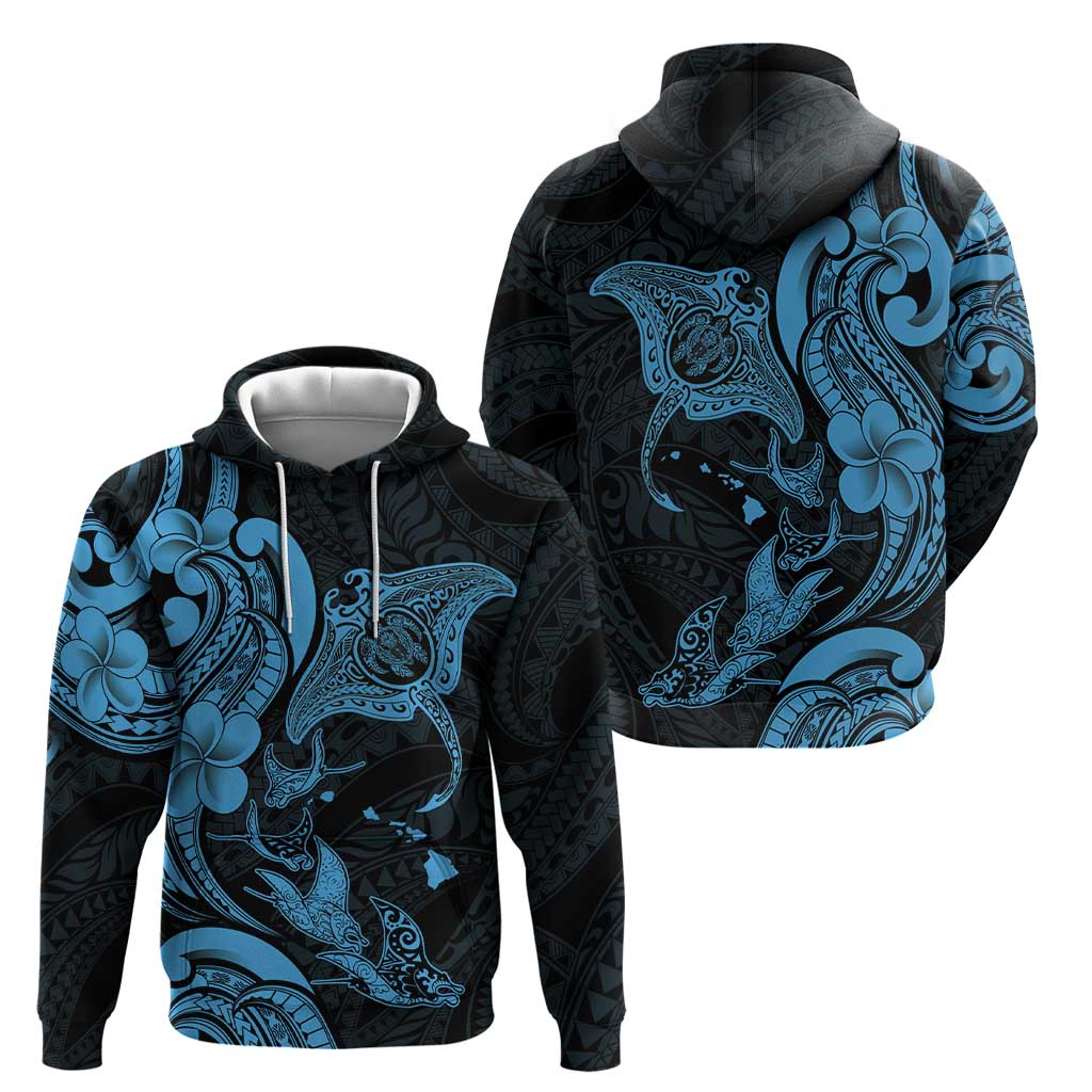 Hawaiian Manta Rays Hoodie Tribal Hibiscus Polynesian Tattoos Blue Color - Polynesian Pride