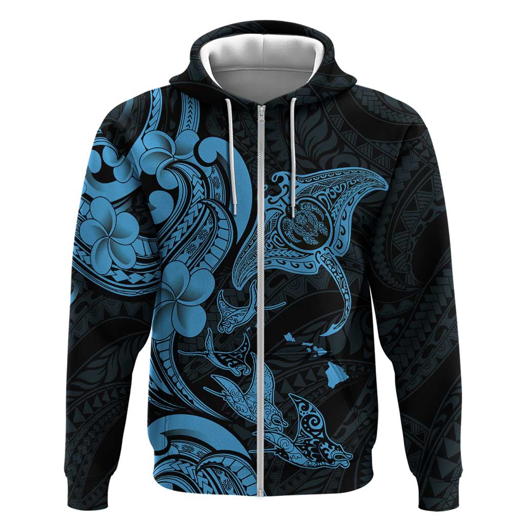 Hawaiian Manta Rays Hoodie Tribal Hibiscus Polynesian Tattoos Blue Color - Polynesian Pride