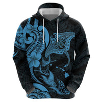 Hawaiian Manta Rays Hoodie Tribal Hibiscus Polynesian Tattoos Blue Color - Polynesian Pride