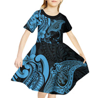 Hawaiian Manta Rays Kid Short Sleeve Dress Tribal Hibiscus Polynesian Tattoos Blue Color - Polynesian Pride