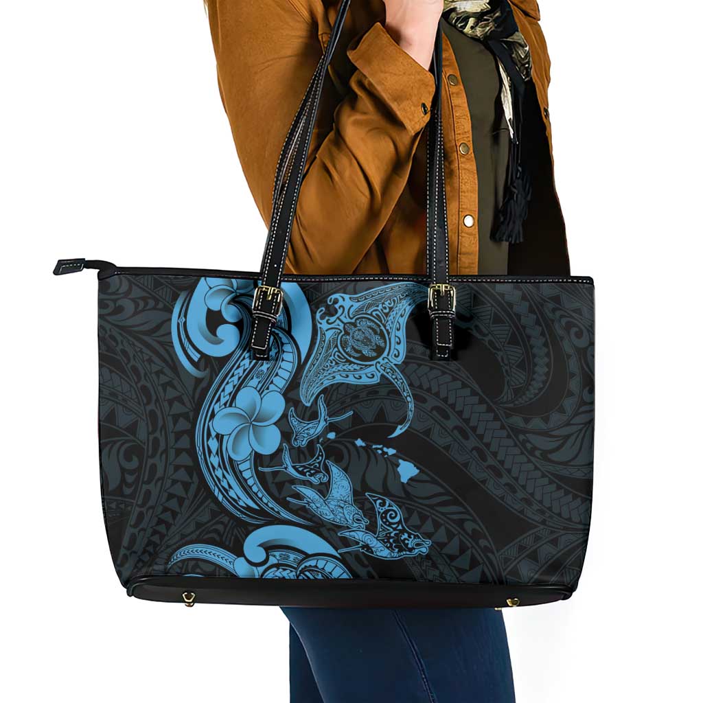 Hawaiian Manta Rays Leather Tote Bag Tribal Hibiscus Polynesian Tattoos Blue Color - Polynesian Pride