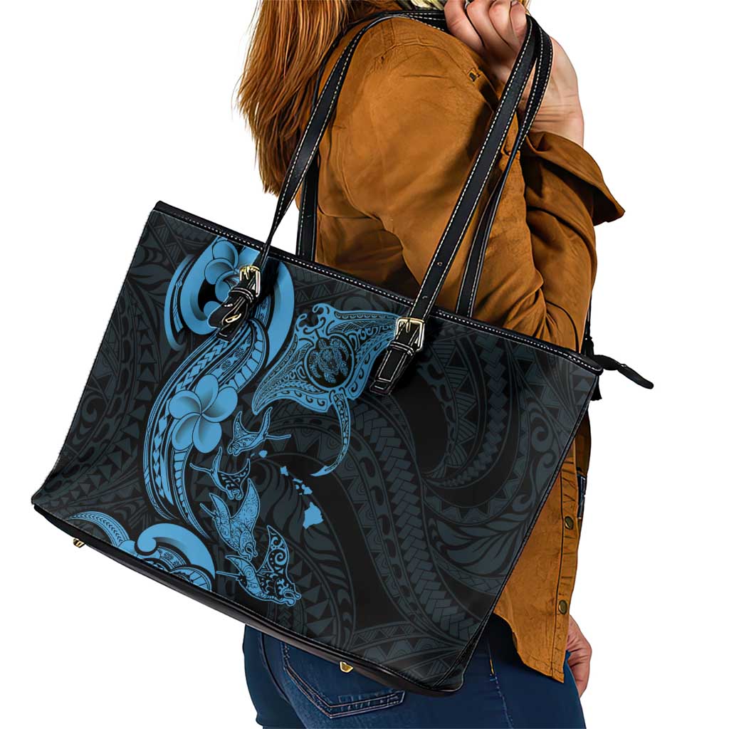 Hawaiian Manta Rays Leather Tote Bag Tribal Hibiscus Polynesian Tattoos Blue Color - Polynesian Pride