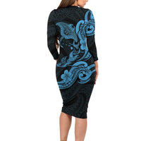 Hawaiian Manta Rays Long Sleeve Bodycon Dress Tribal Hibiscus Polynesian Tattoos Blue Color - Polynesian Pride