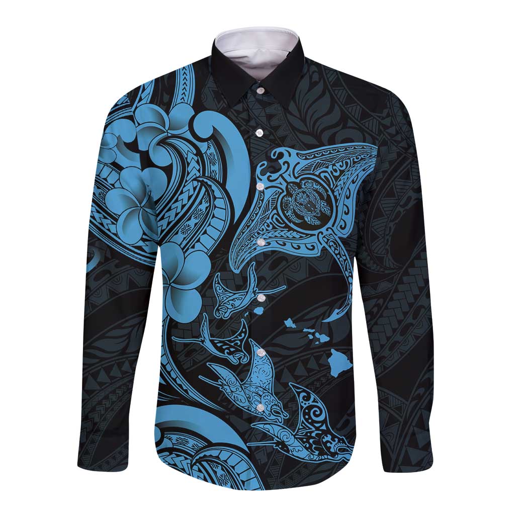 Hawaiian Manta Rays Long Sleeve Button Shirt Tribal Hibiscus Polynesian Tattoos Blue Color - Polynesian Pride