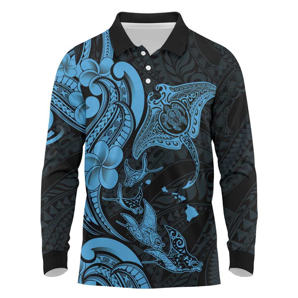 Hawaiian Manta Rays Long Sleeve Polo Shirt Tribal Hibiscus Polynesian Tattoos Blue Color - Polynesian Pride