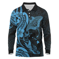 Hawaiian Manta Rays Long Sleeve Polo Shirt Tribal Hibiscus Polynesian Tattoos Blue Color - Polynesian Pride