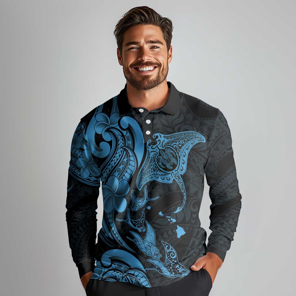 Hawaiian Manta Rays Long Sleeve Polo Shirt Tribal Hibiscus Polynesian Tattoos Blue Color - Polynesian Pride