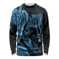 Hawaiian Manta Rays Long Sleeve Shirt Tribal Hibiscus Polynesian Tattoos Blue Color - Polynesian Pride