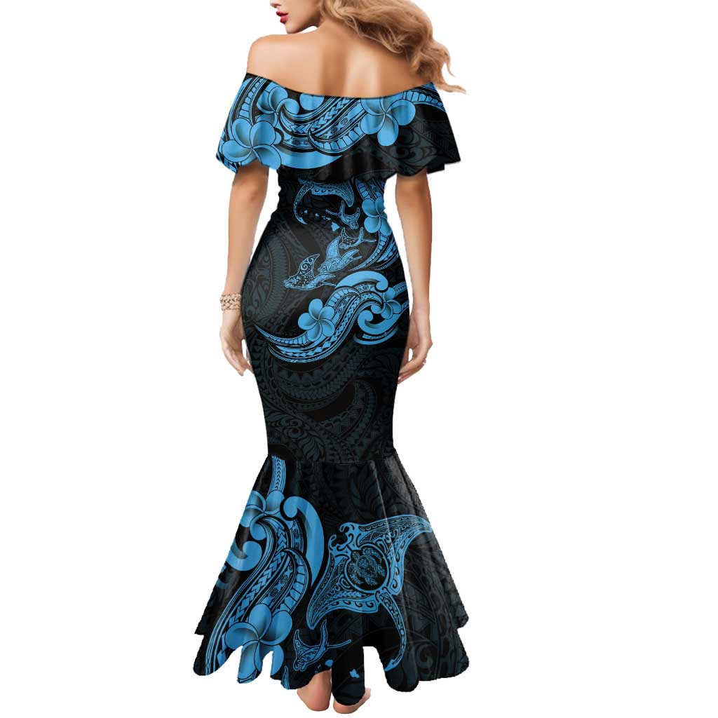 Hawaiian Manta Rays Mermaid Dress Tribal Hibiscus Polynesian Tattoos Blue Color - Polynesian Pride
