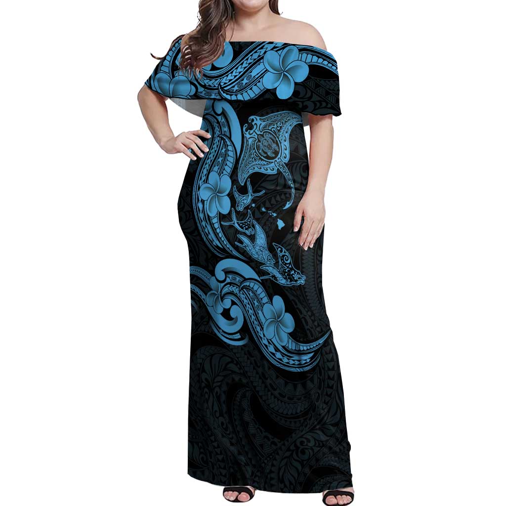 Hawaiian Manta Rays Off Shoulder Maxi Dress Tribal Hibiscus Polynesian Tattoos Blue Color - Polynesian Pride