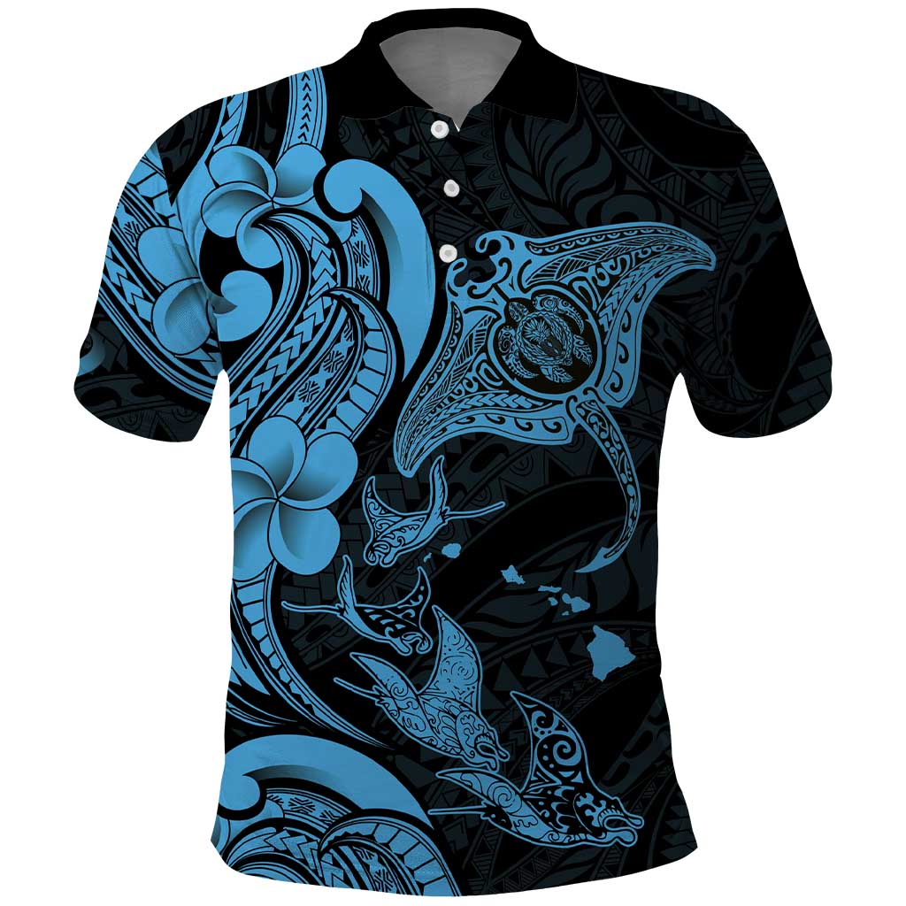 Hawaiian Manta Rays Polo Shirt Tribal Hibiscus Polynesian Tattoos Blue Color - Polynesian Pride