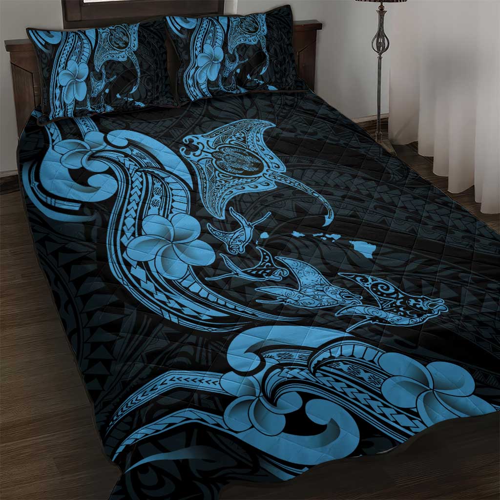 Hawaiian Manta Rays Quilt Bed Set Tribal Hibiscus Polynesian Tattoos Blue Color - Polynesian Pride