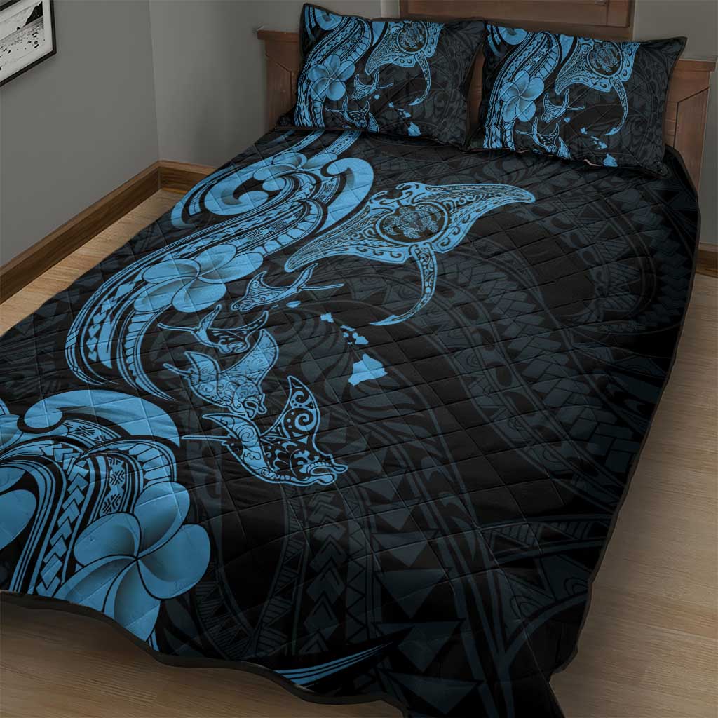 Hawaiian Manta Rays Quilt Bed Set Tribal Hibiscus Polynesian Tattoos Blue Color - Polynesian Pride