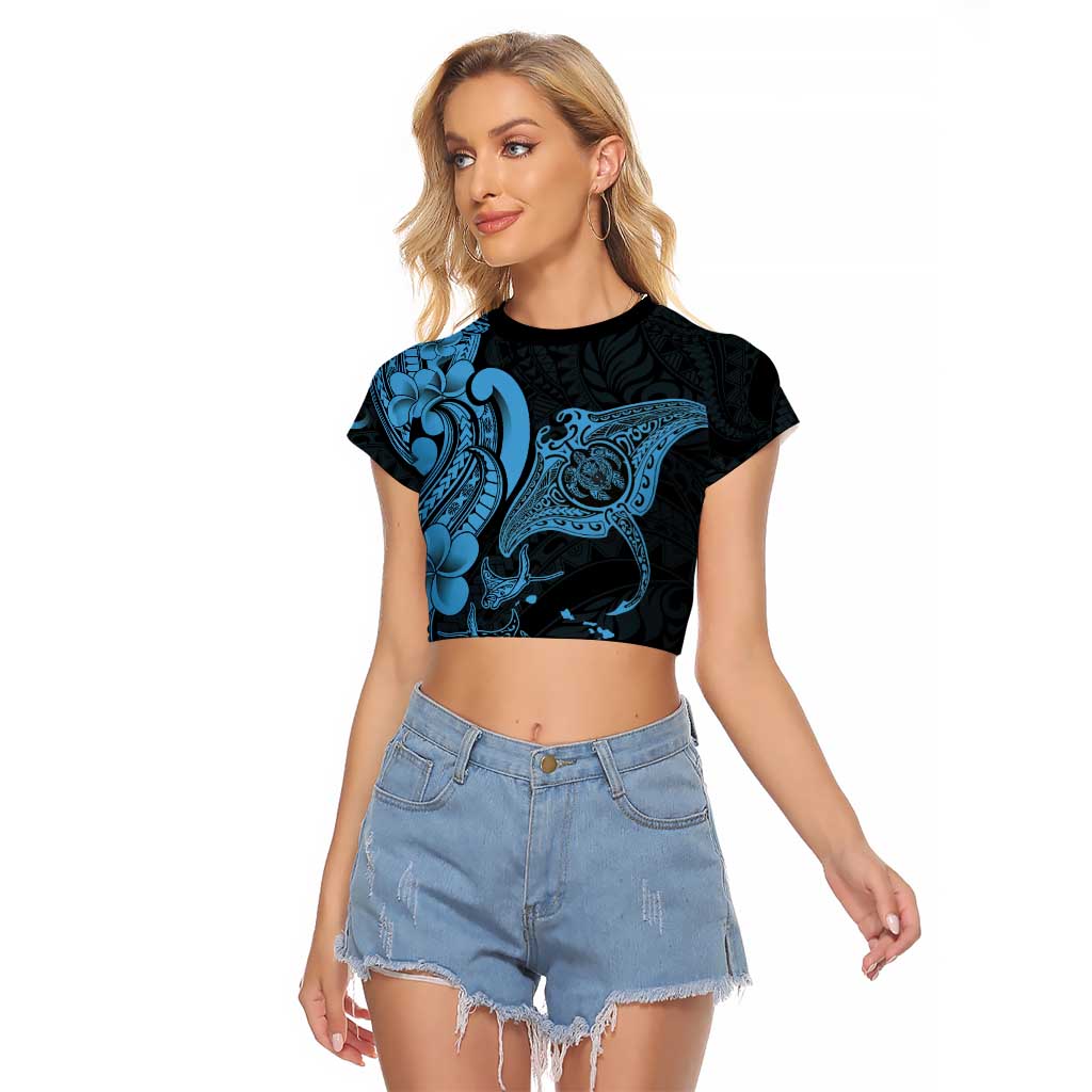 Hawaiian Manta Rays Raglan Cropped T Shirt Tribal Hibiscus Polynesian Tattoos Blue Color - Polynesian Pride