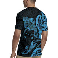 Hawaiian Manta Rays Rugby Jersey Tribal Hibiscus Polynesian Tattoos Blue Color - Polynesian Pride