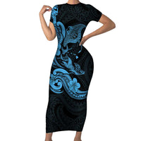 Hawaiian Manta Rays Short Sleeve Bodycon Dress Tribal Hibiscus Polynesian Tattoos Blue Color - Polynesian Pride