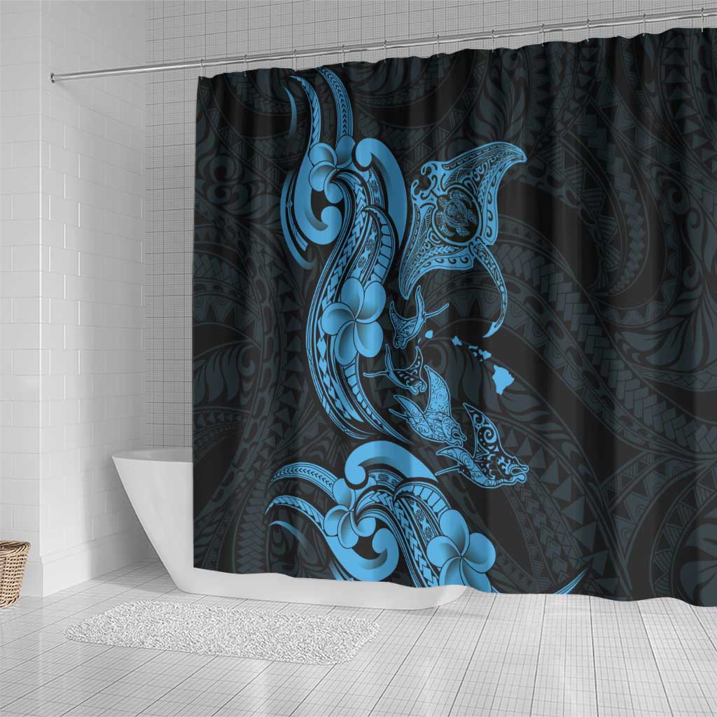 Hawaiian Manta Rays Shower Curtain Tribal Hibiscus Polynesian Tattoos Blue Color - Polynesian Pride