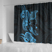 Hawaiian Manta Rays Shower Curtain Tribal Hibiscus Polynesian Tattoos Blue Color - Polynesian Pride