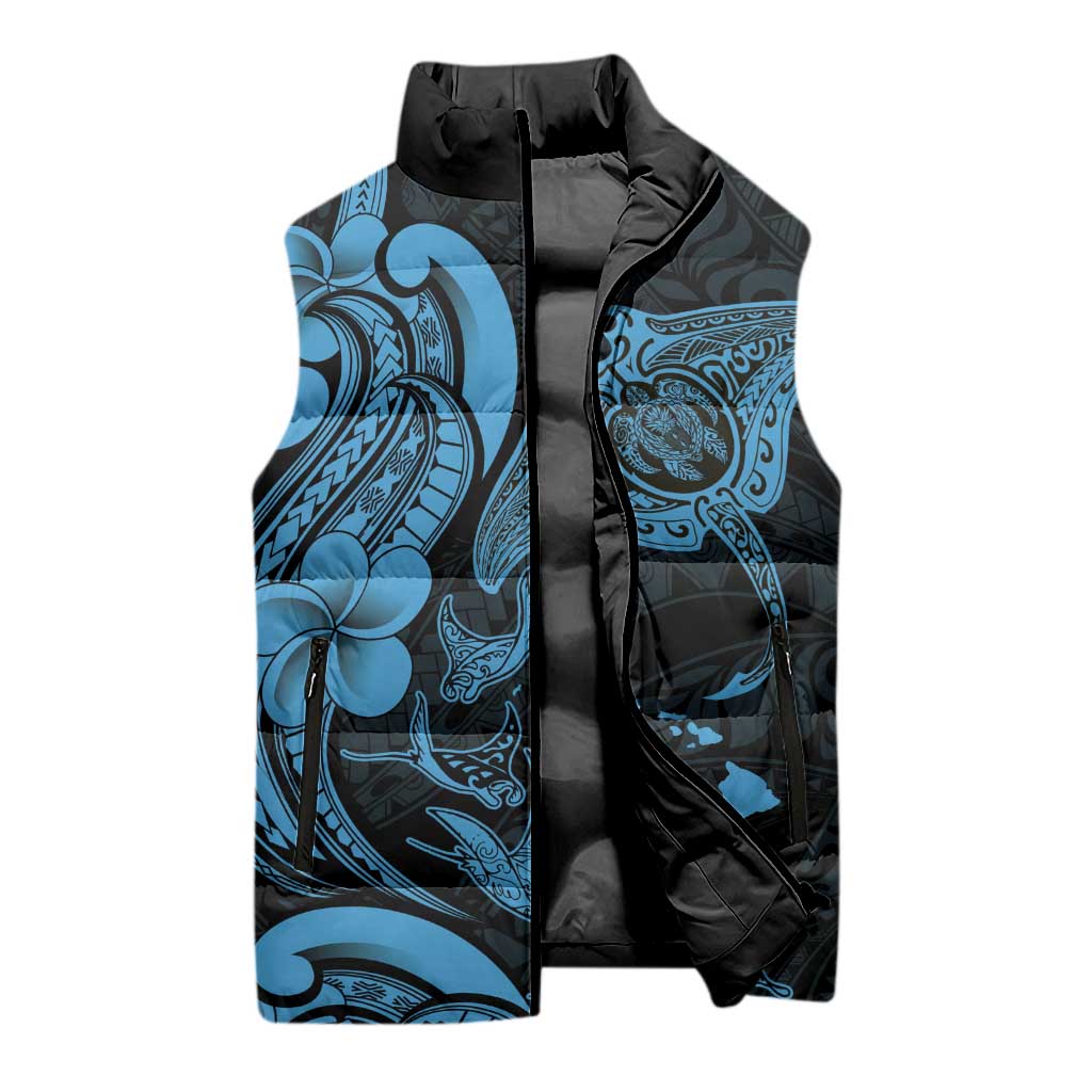 Hawaiian Manta Rays Sleeveless Puffer Jacket Tribal Hibiscus Polynesian Tattoos Blue Color - Polynesian Pride